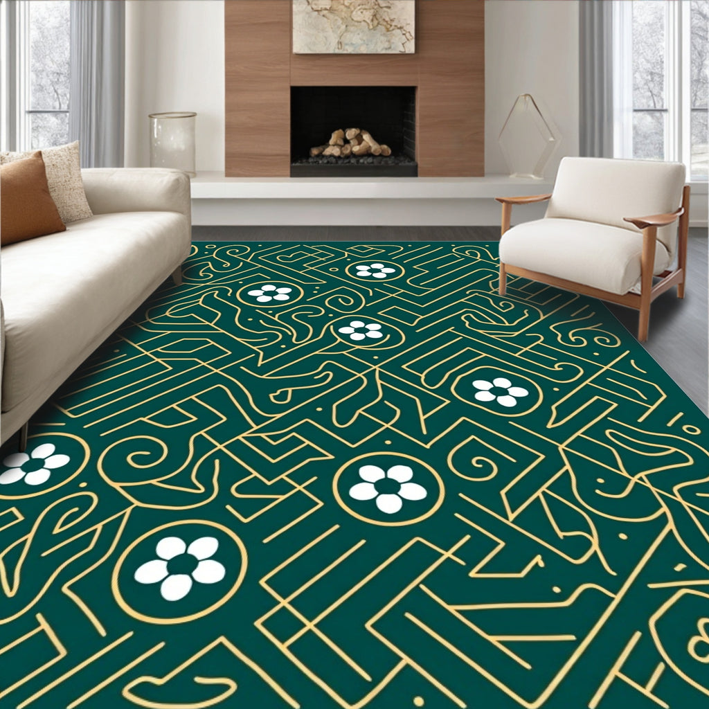 Emerald gold intricate floral maze Rug