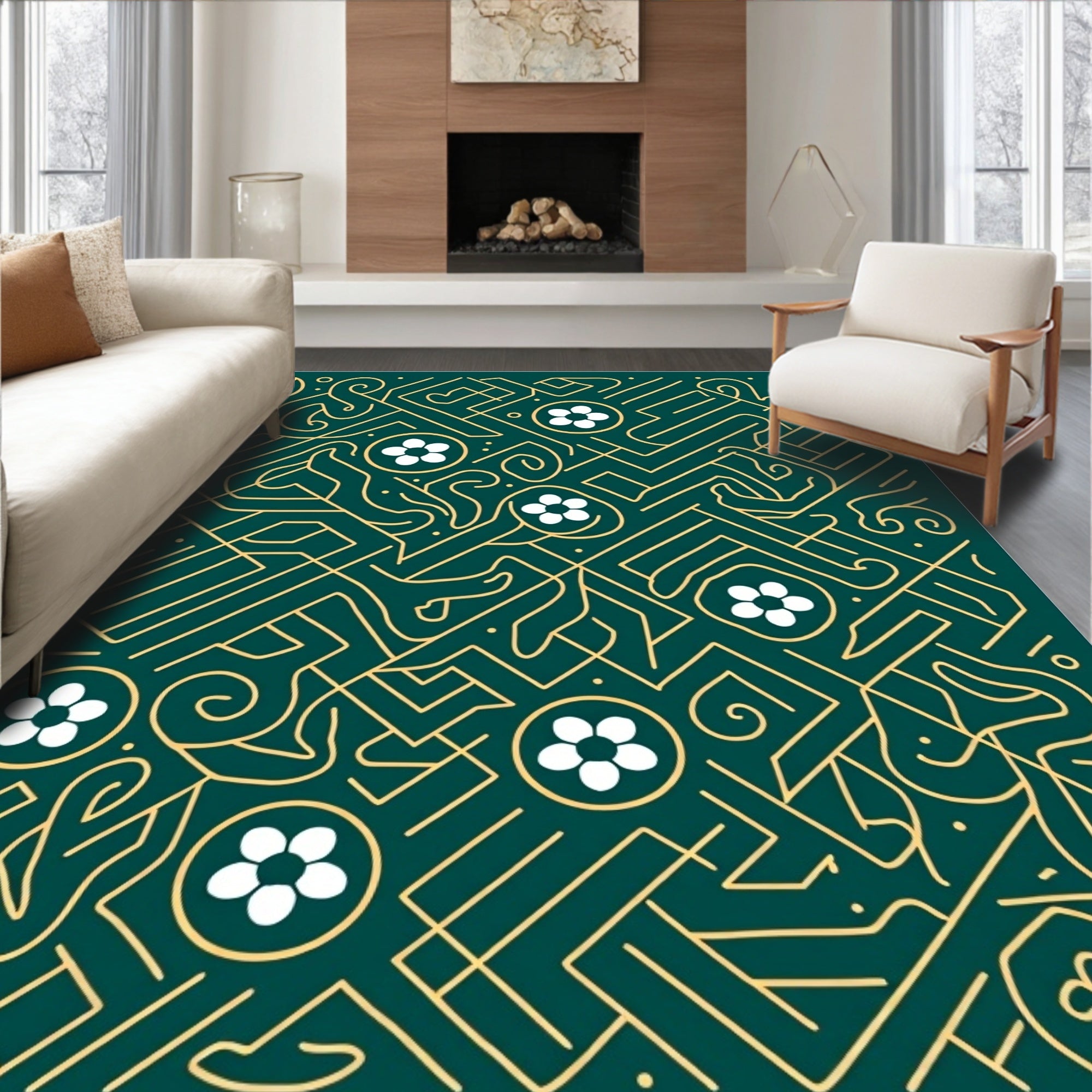 Emerald gold intricate floral maze Rug
