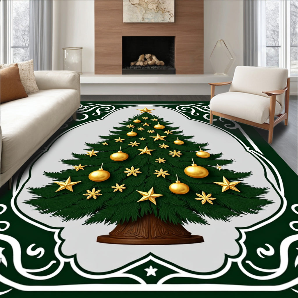 Festive Evergreen Christmas Tree Gold Ornaments Rug