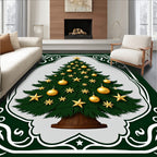 Festive Evergreen Christmas Tree Gold Ornaments Rug