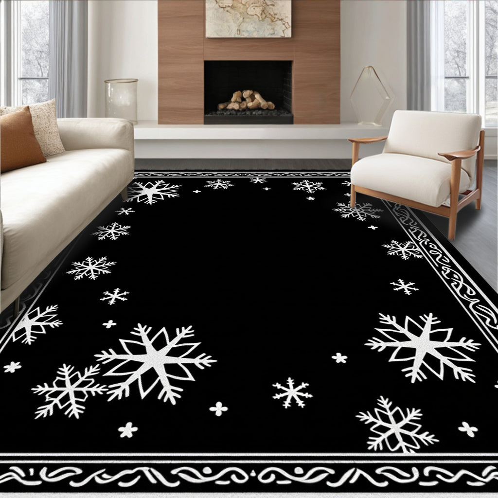 Black White Snowflake Border Rug