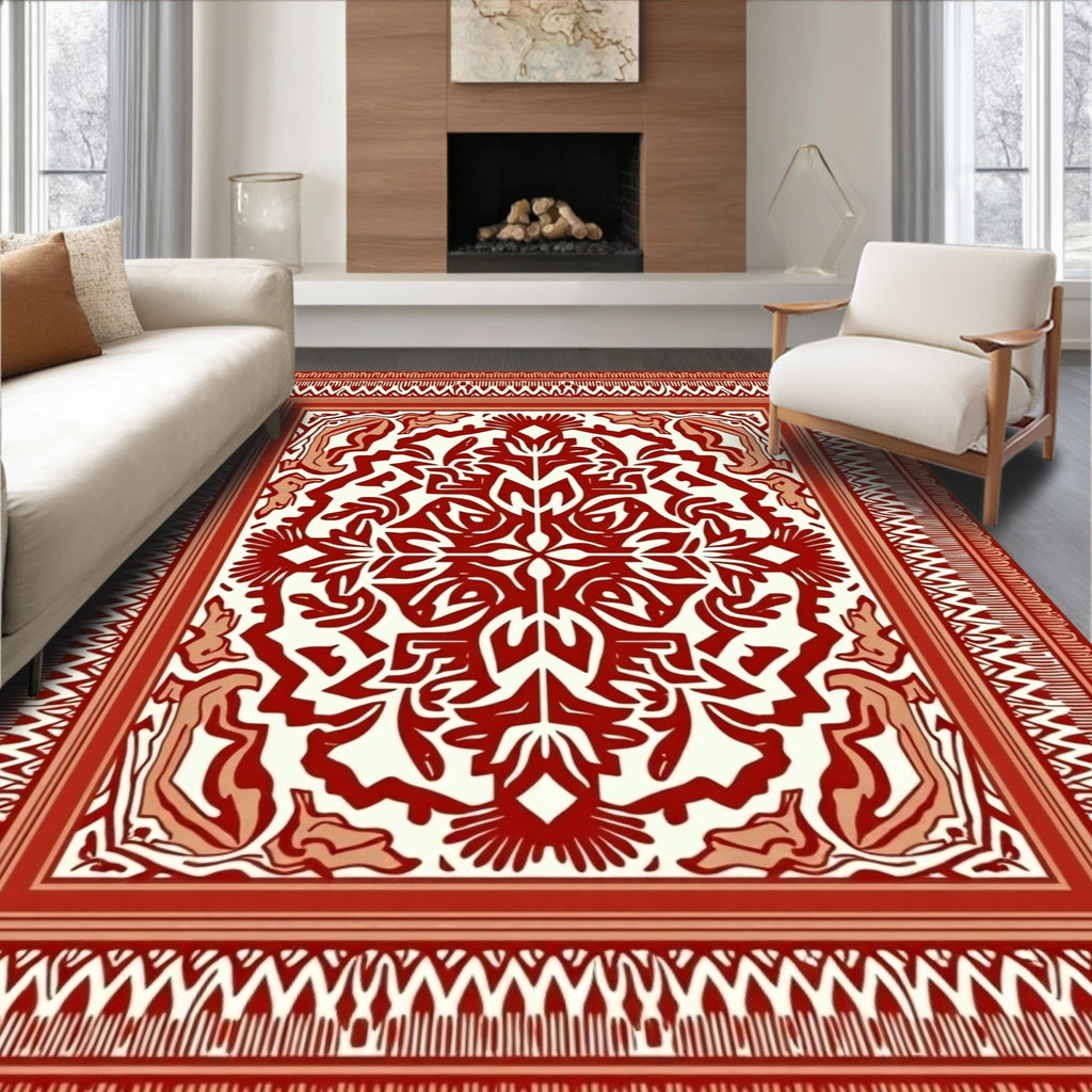 Ornate Red and Cream Ornamental Rug
