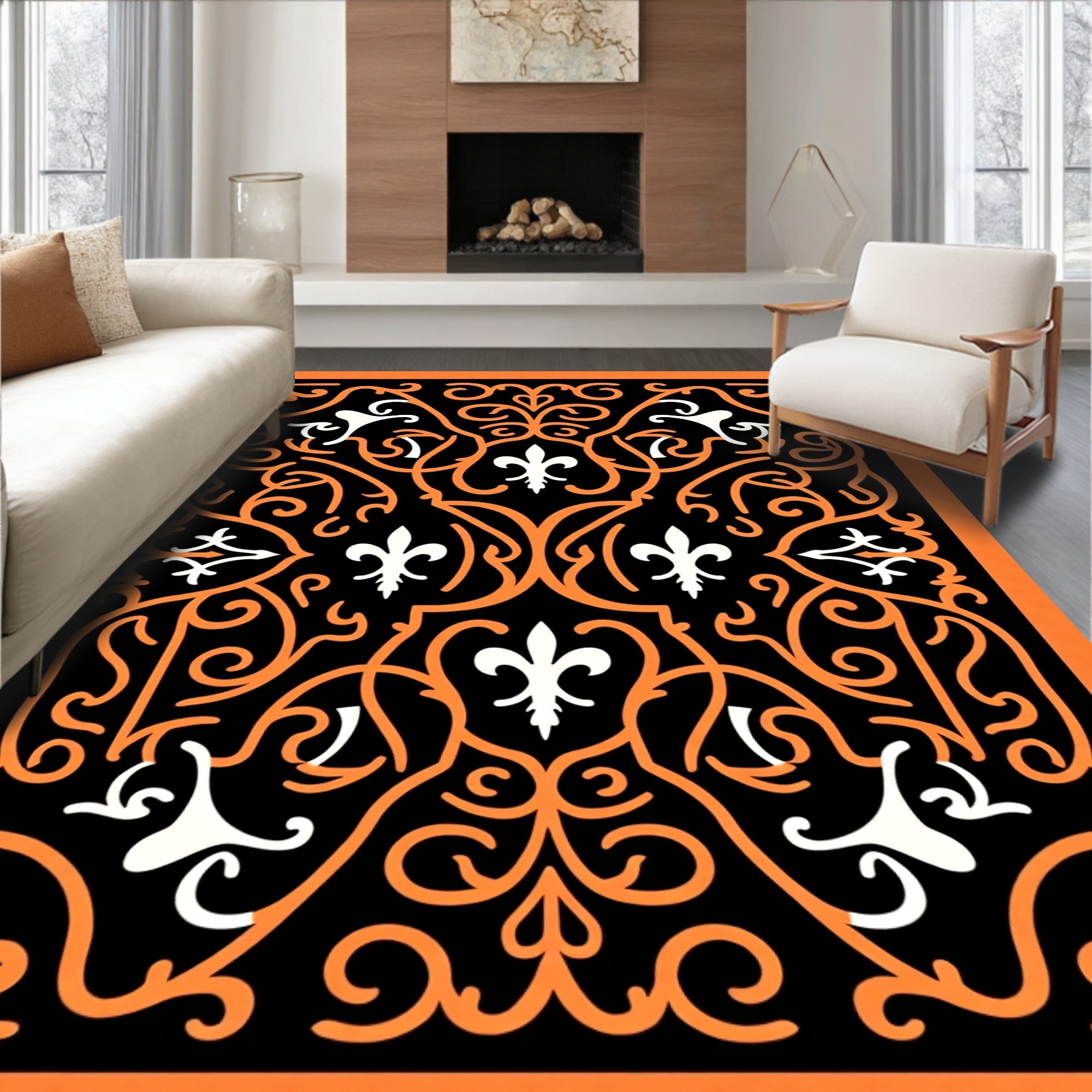 Orange White Fleur De Lis Scrollwork Rug