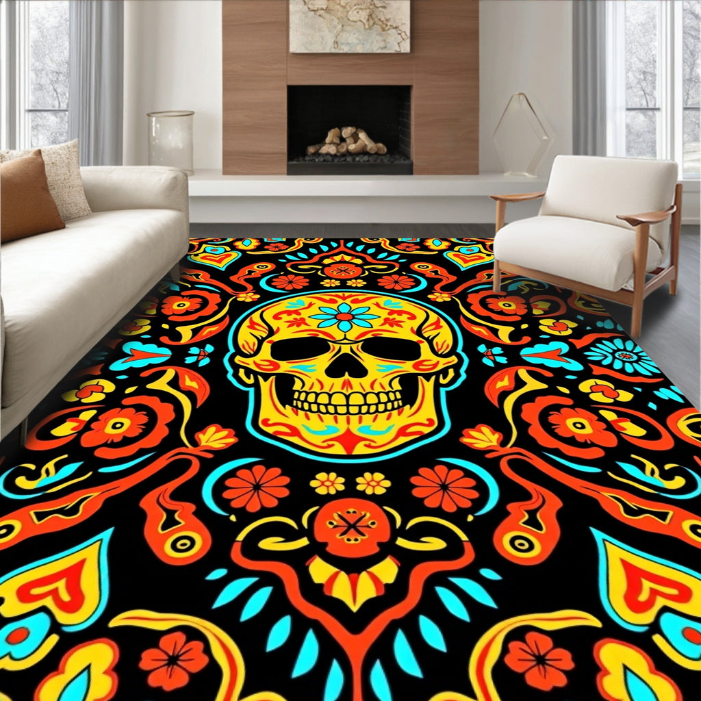 Vibrant Day of the Dead Skull Floral Rug