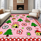 Whimsical Pink Village Fantasy Folk Art Rug