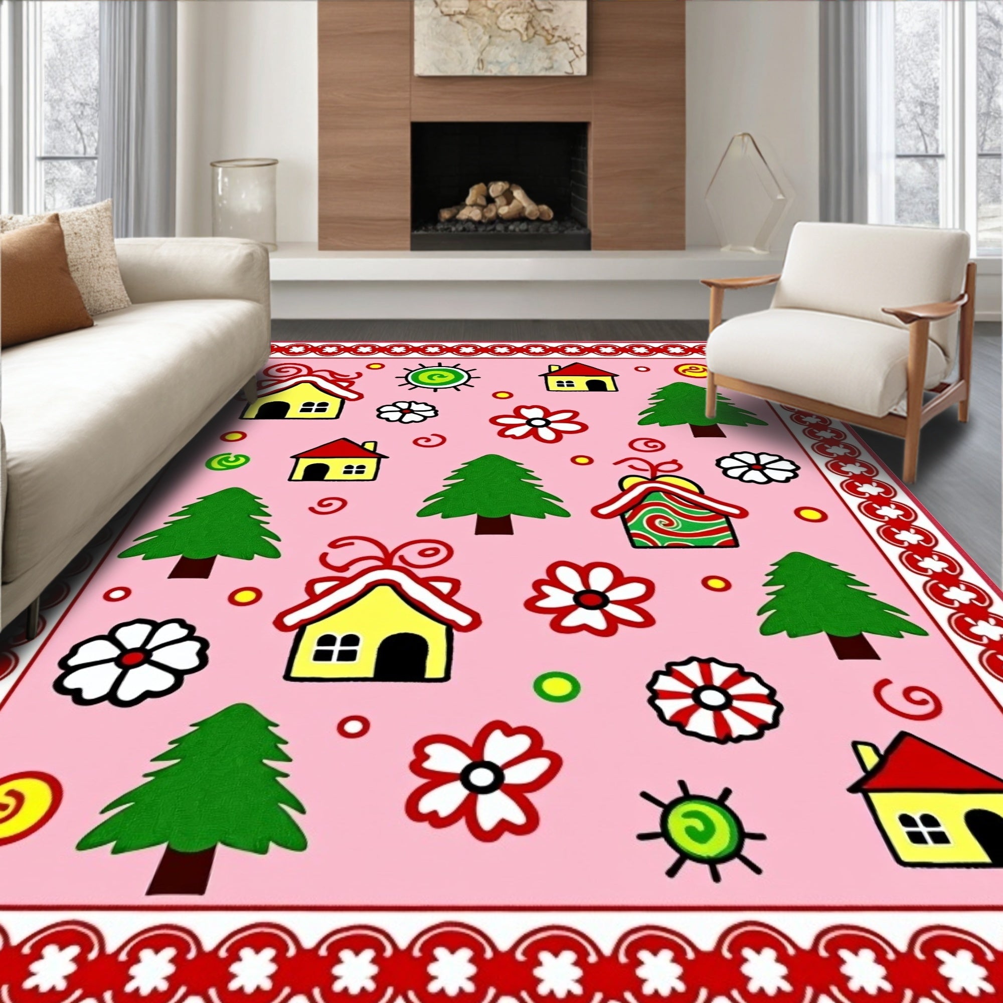 Whimsical Pink Village Fantasy Folk Art Rug