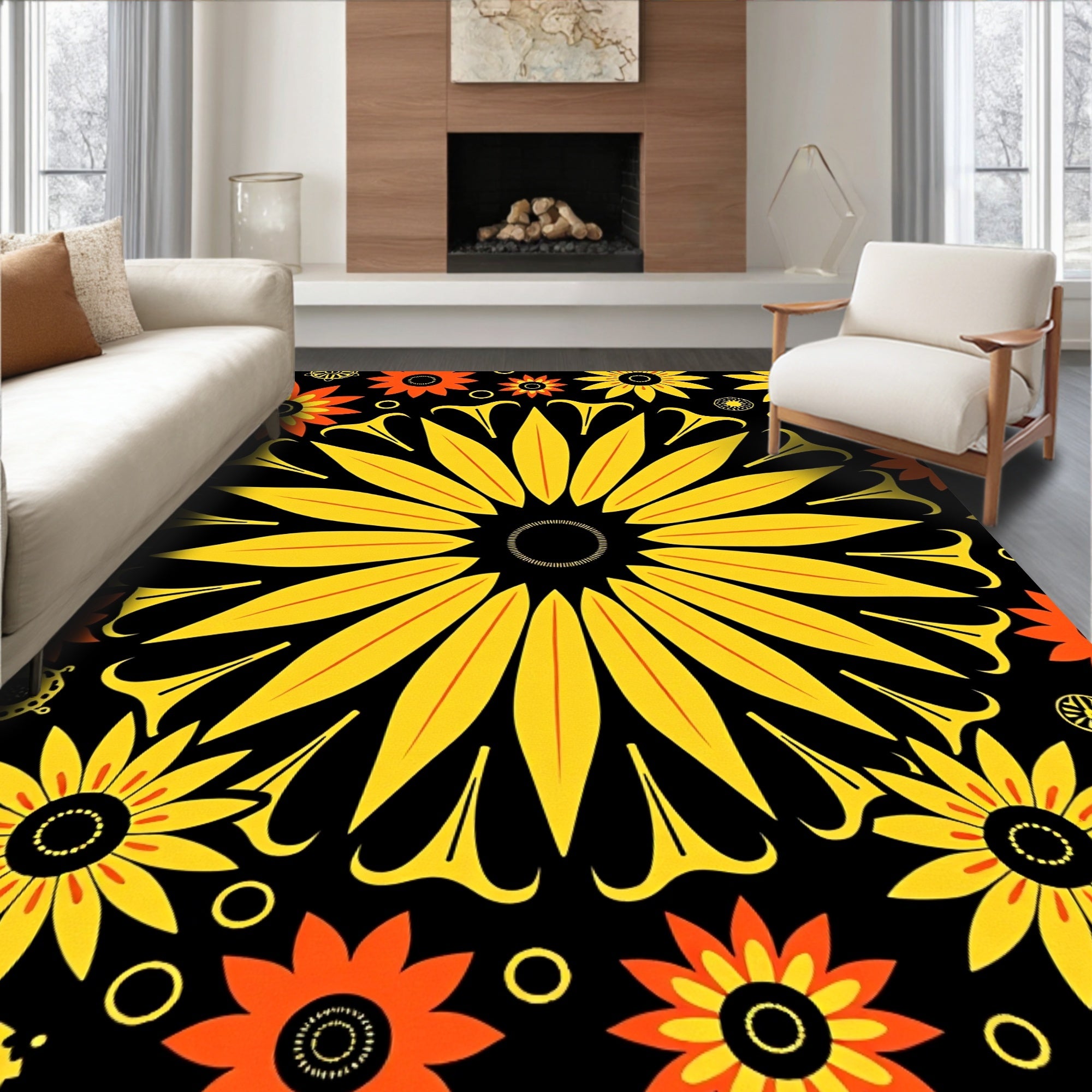 Vibrant Yellow Orange Sunburst Floral Rug