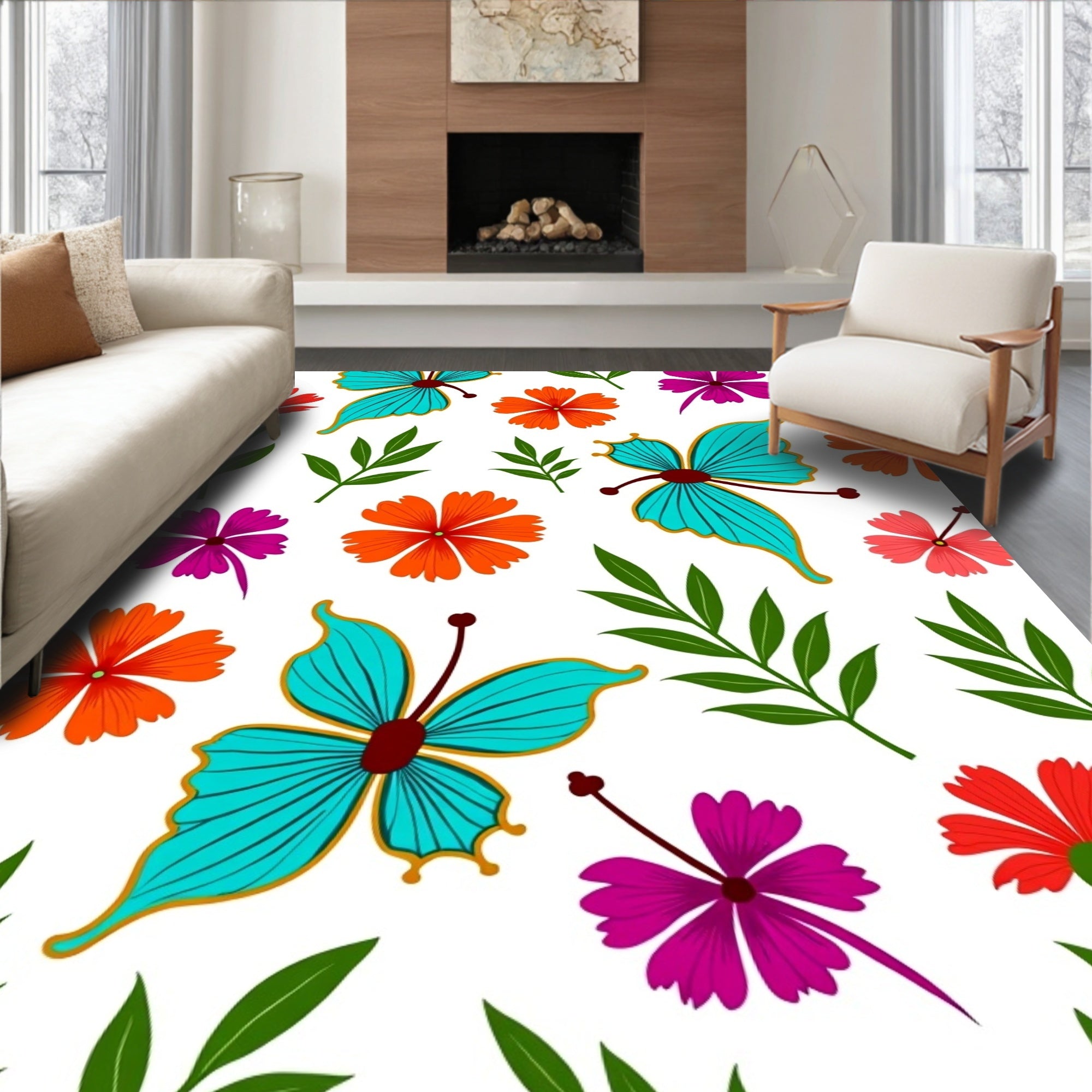 Bright Turquoise Butterfly Floral Scatter Rug