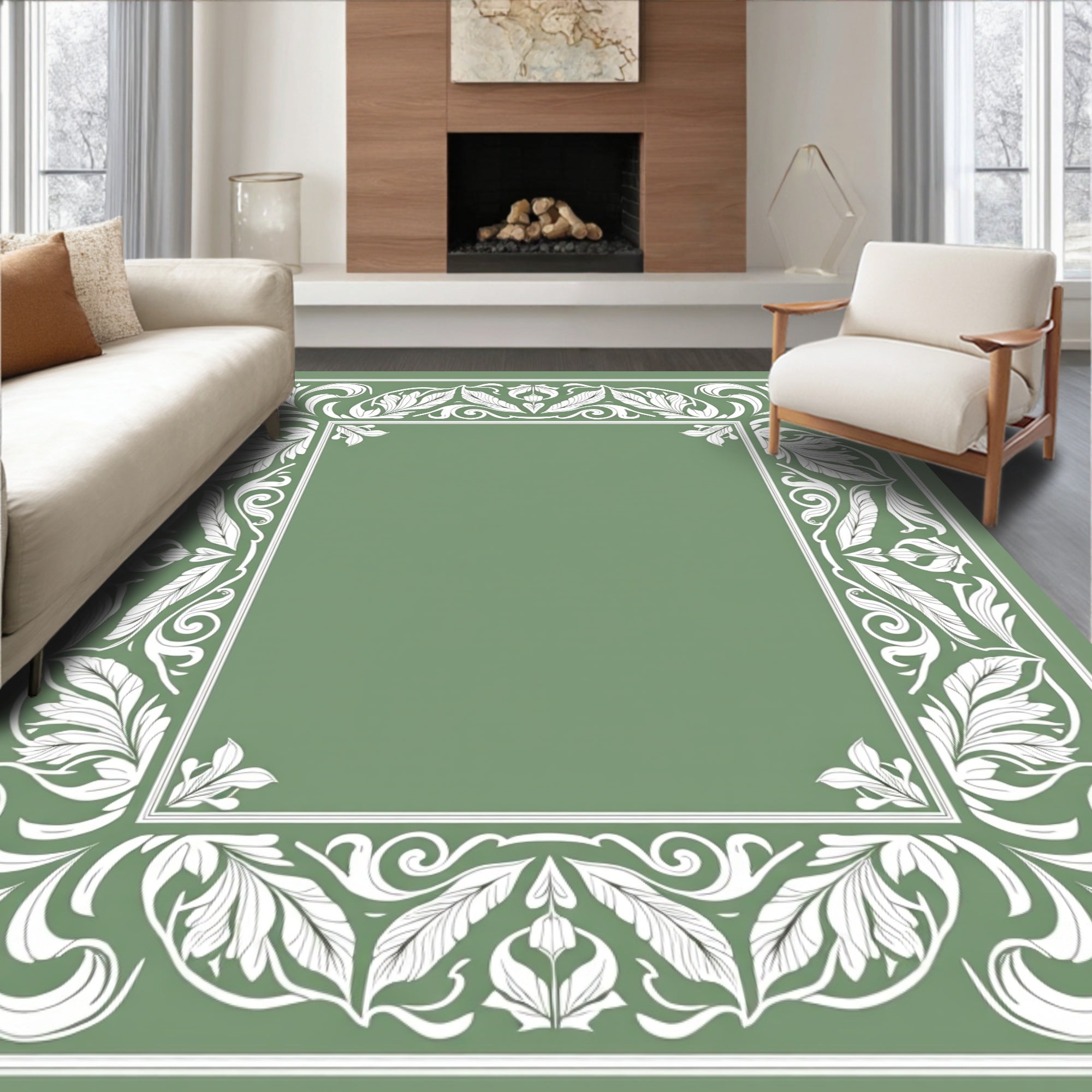 White Leafy Border Scrollwork Frame Rug