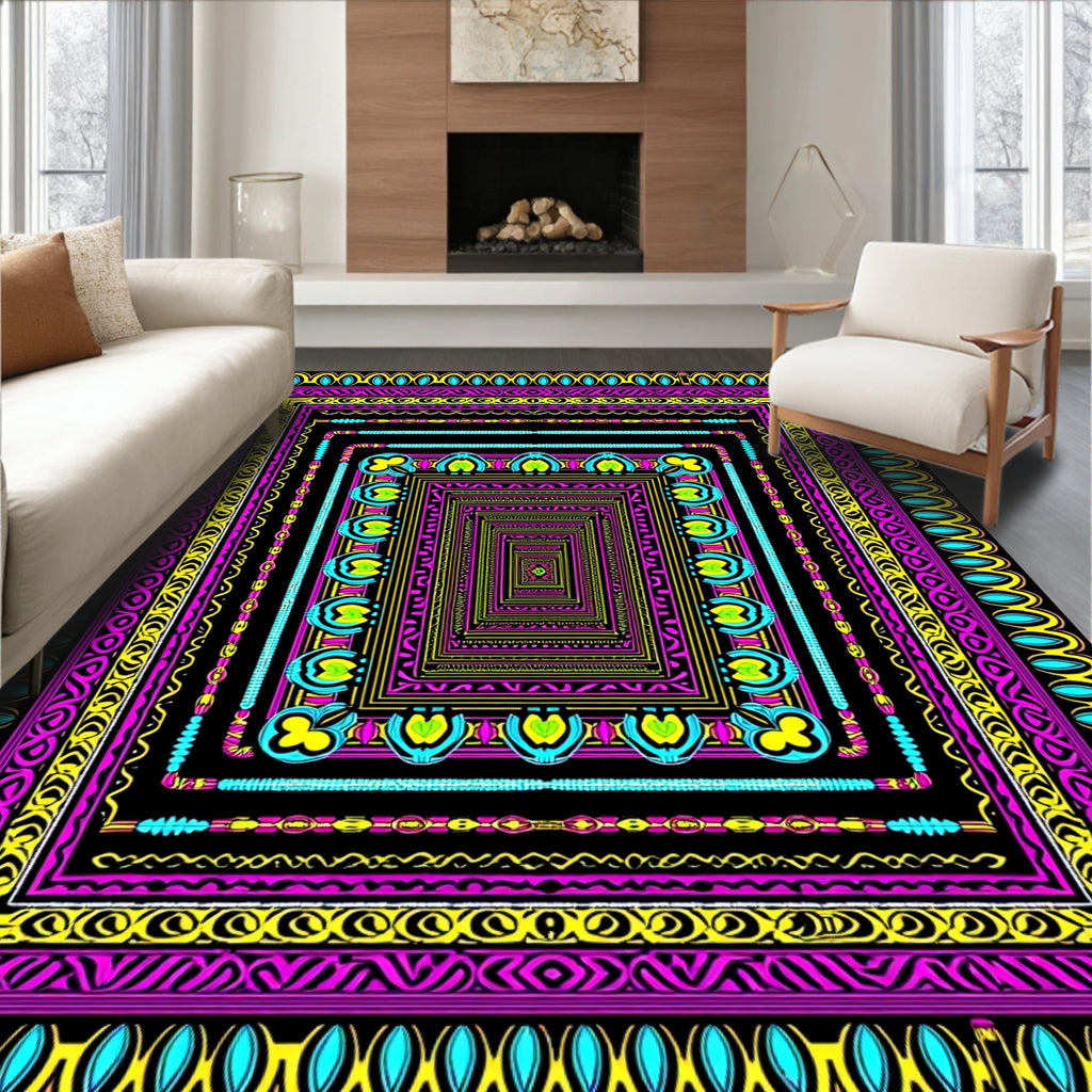Vibrant Pink Teal Yellow Geometric Borders Rug