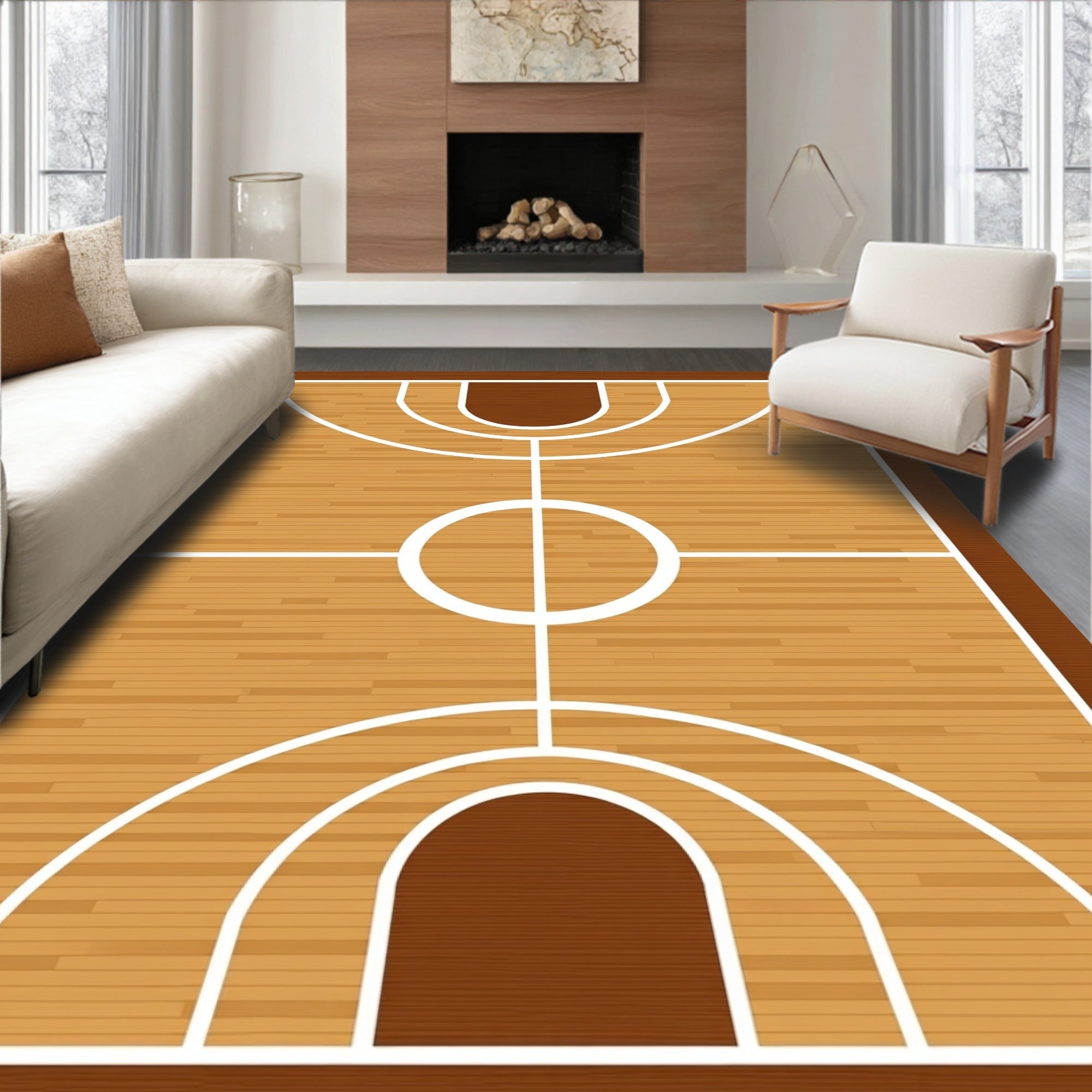 Wooden Basketball Court Lines Rug