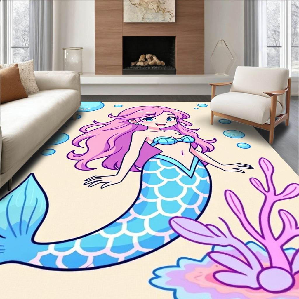 Pink haired mermaid with blue tail Rug