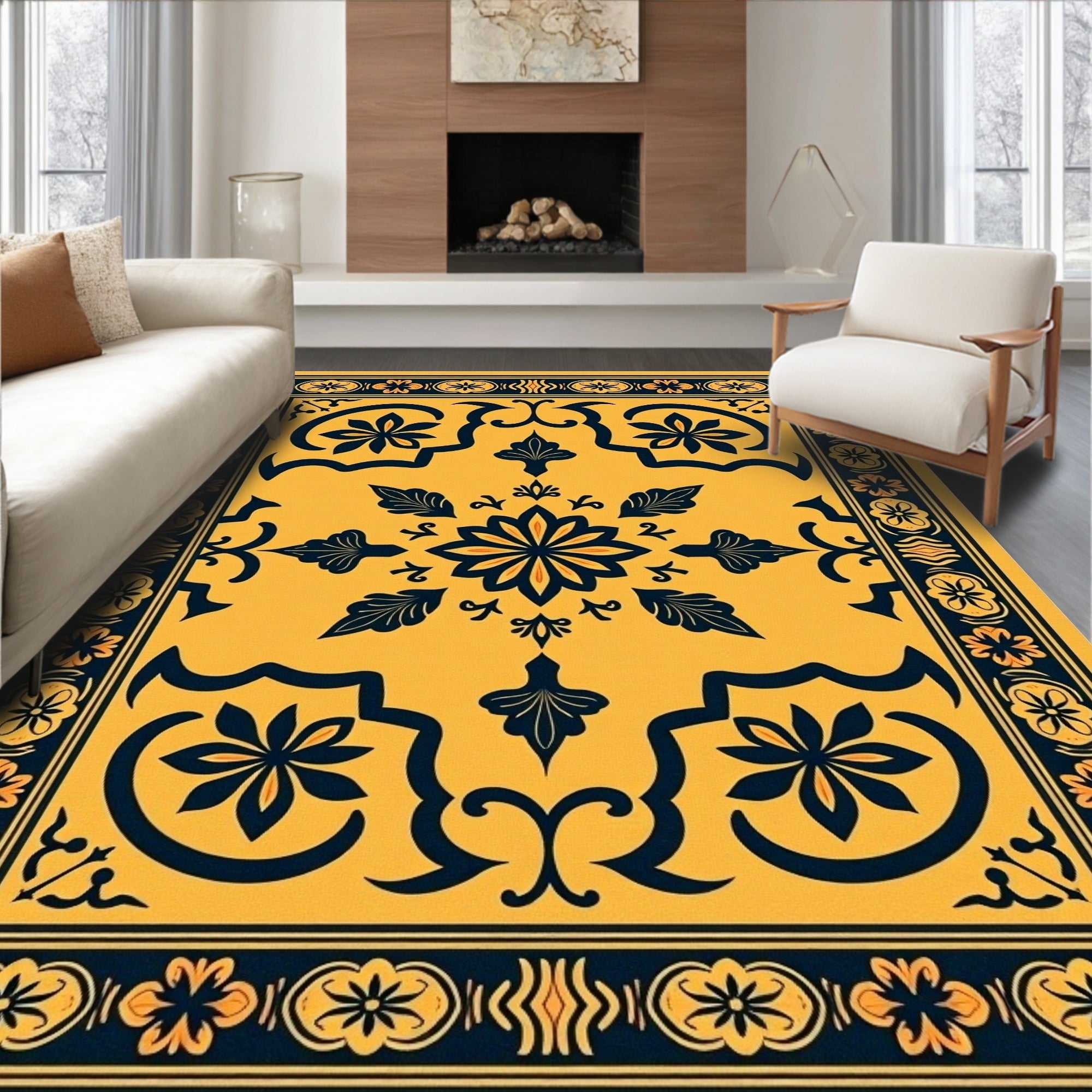 Golden Yellow Floral Border Medallion Rug
