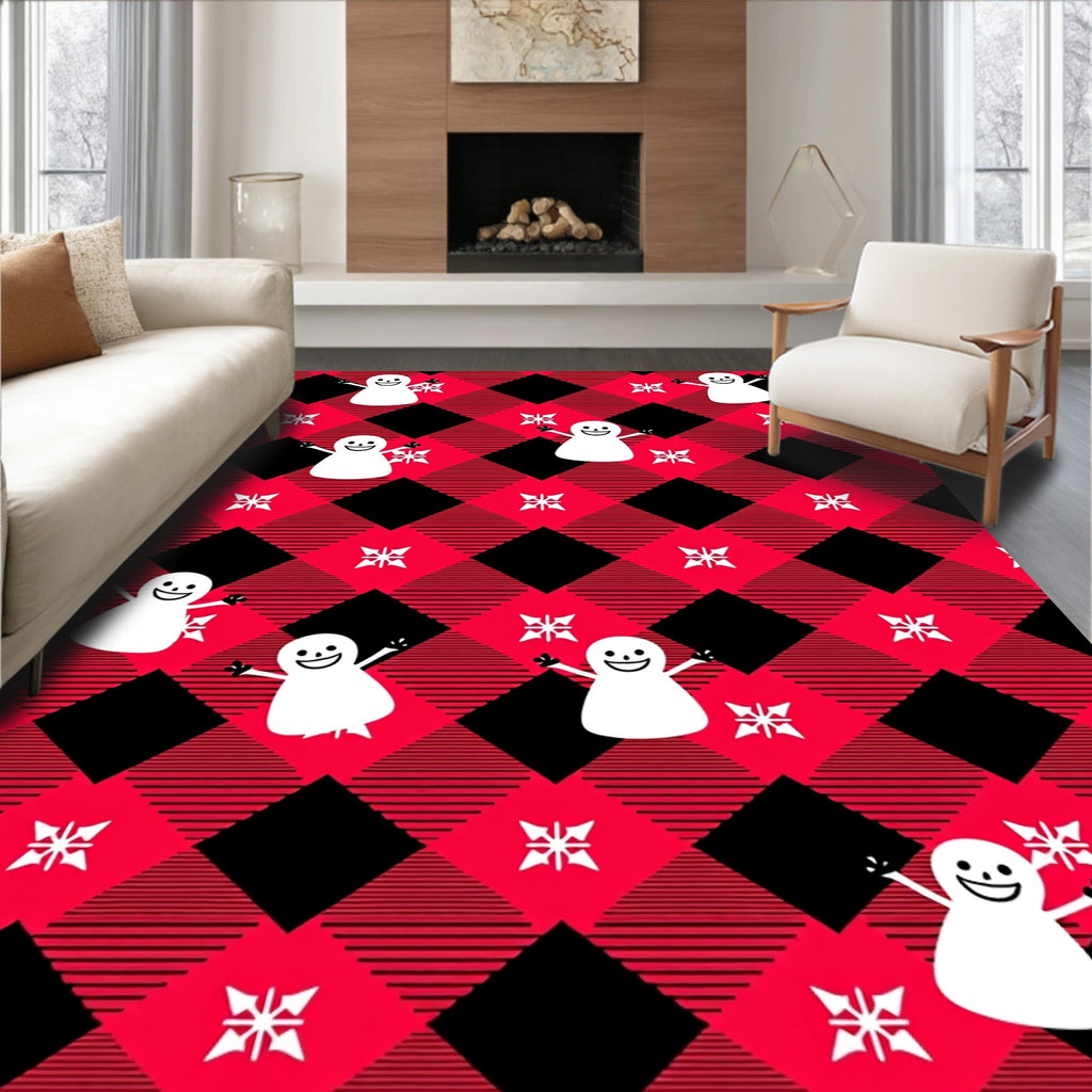 Red Black Buffalo Plaid Snowman Medallion Rug