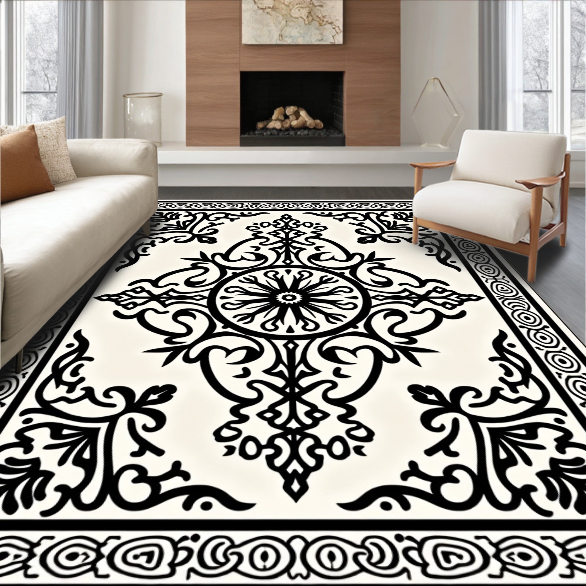 Classic Black Ivory Ornate Scroll Rug