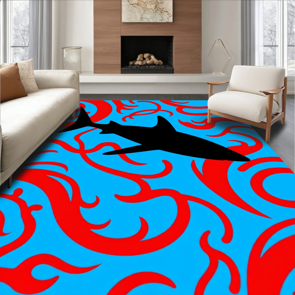 Black Shark Red Swirls Blue Background Rug