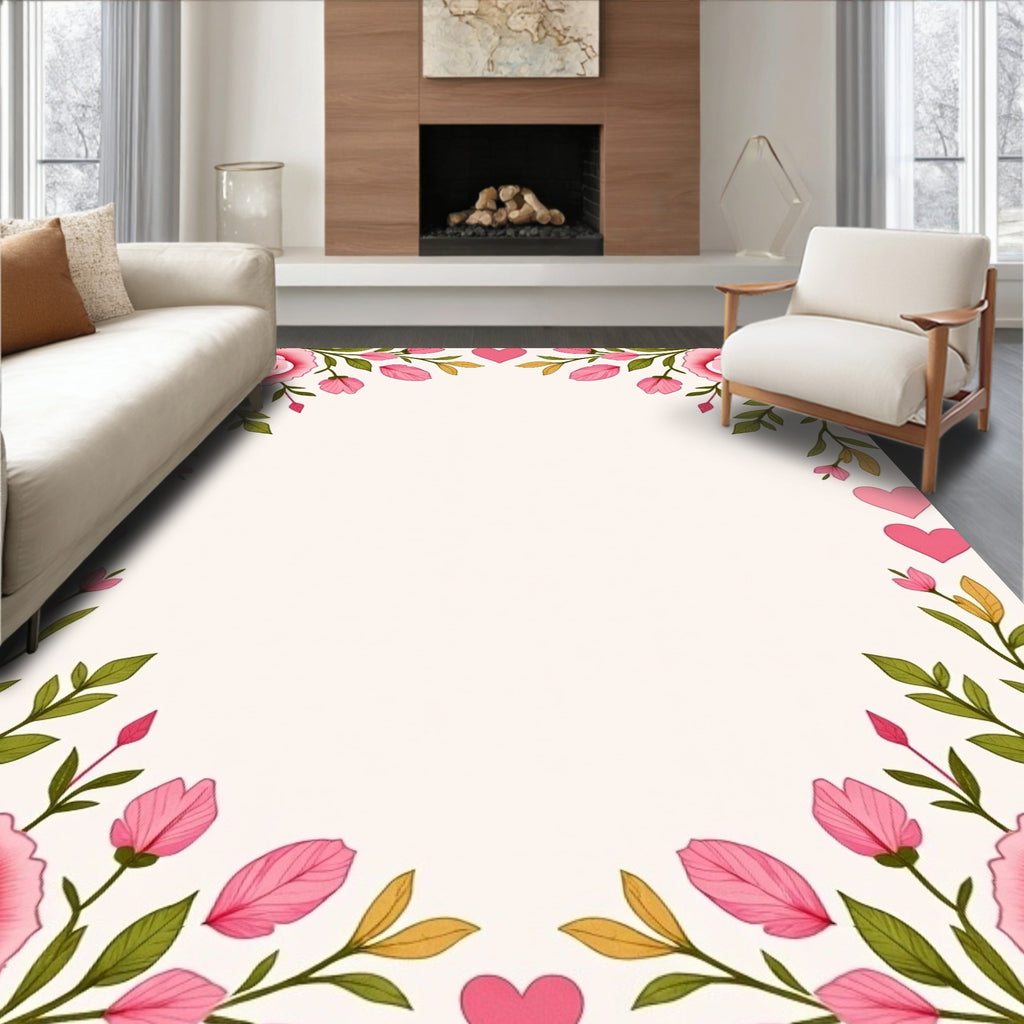 Pink Rose Heart Floral Garden Rug