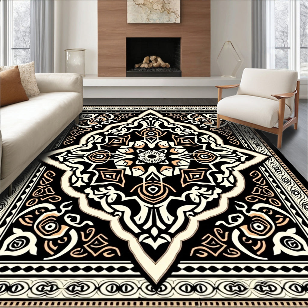 Ornate Ivory and Peach Medallion Rug