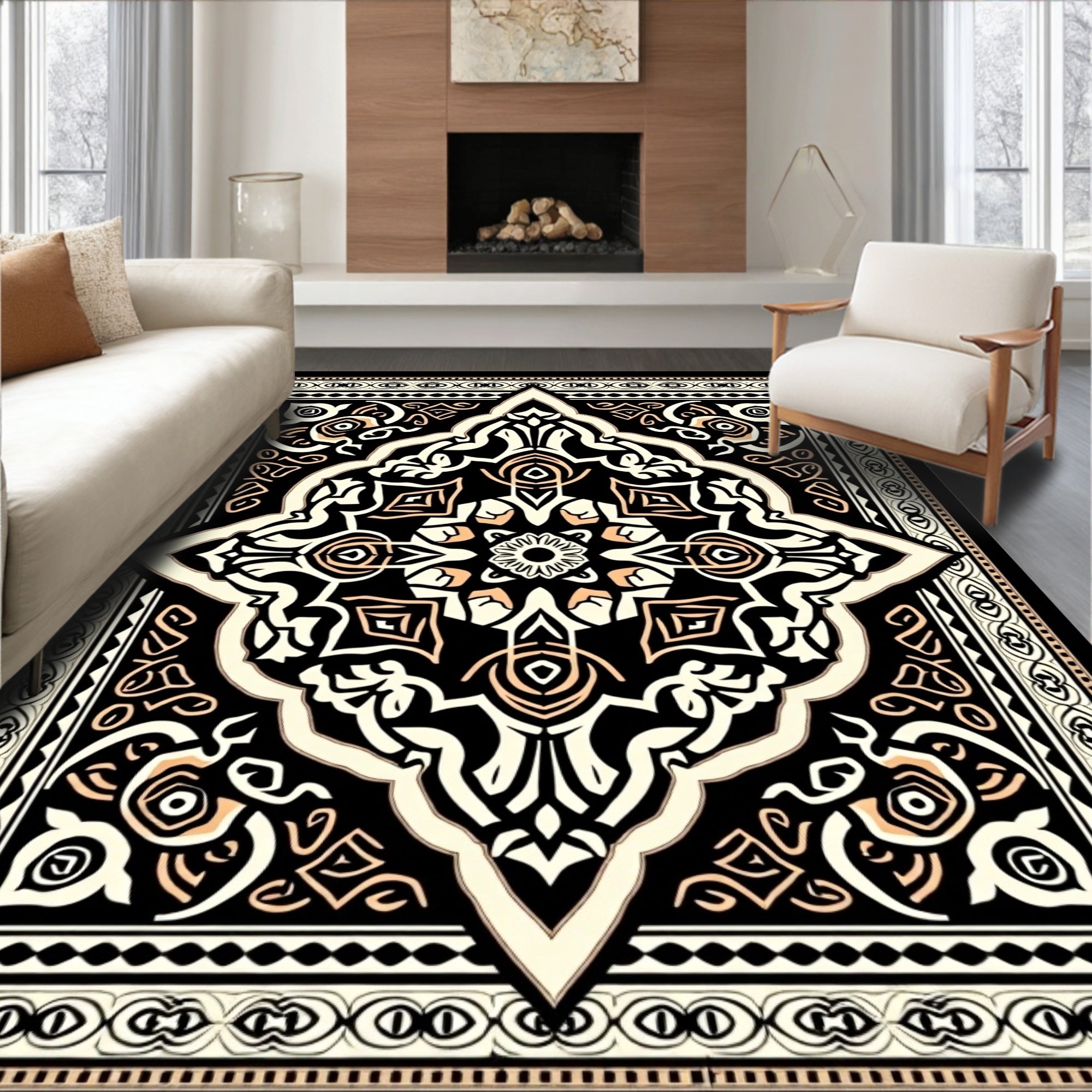 Ornate Ivory and Peach Medallion Rug