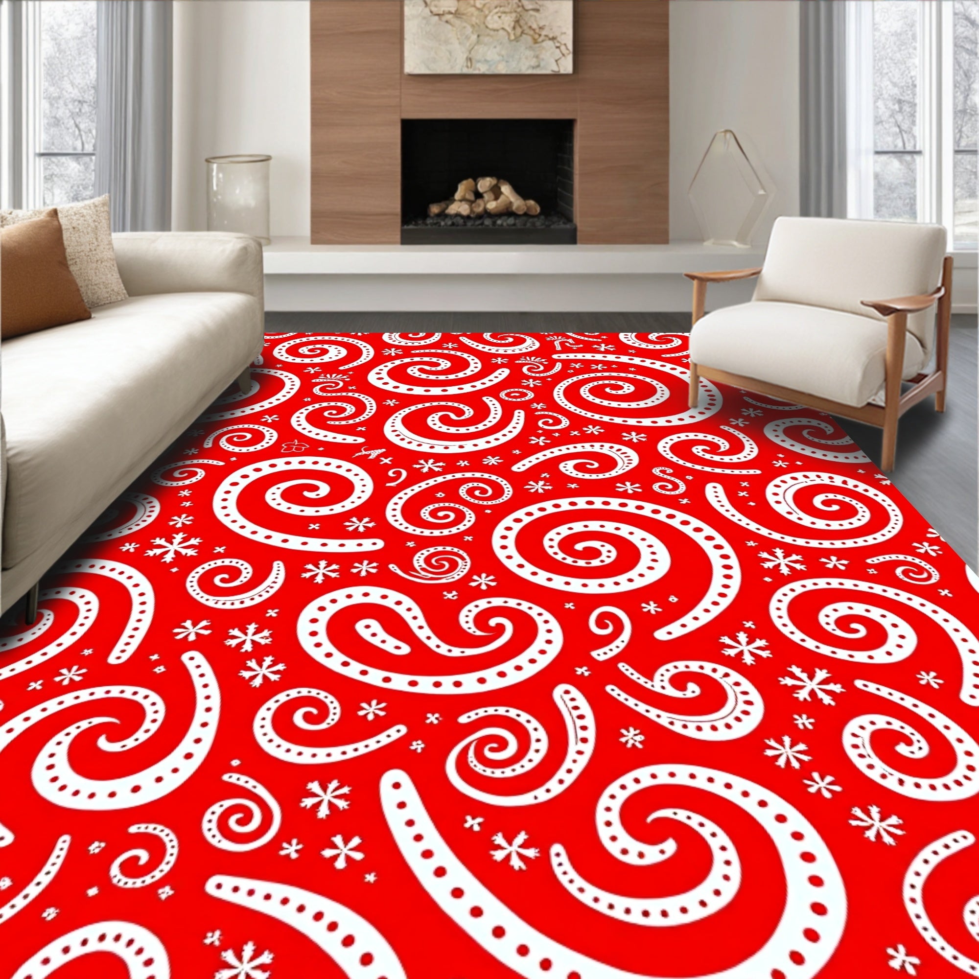 Crimson Swirl Snowflake Snowfall Rug