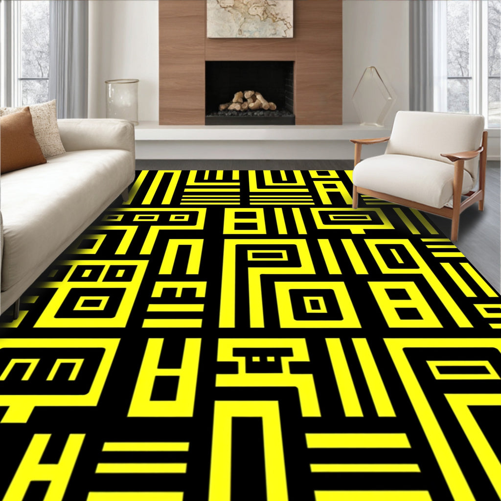 Bold Yellow Black Geometric Labyrinth Rug