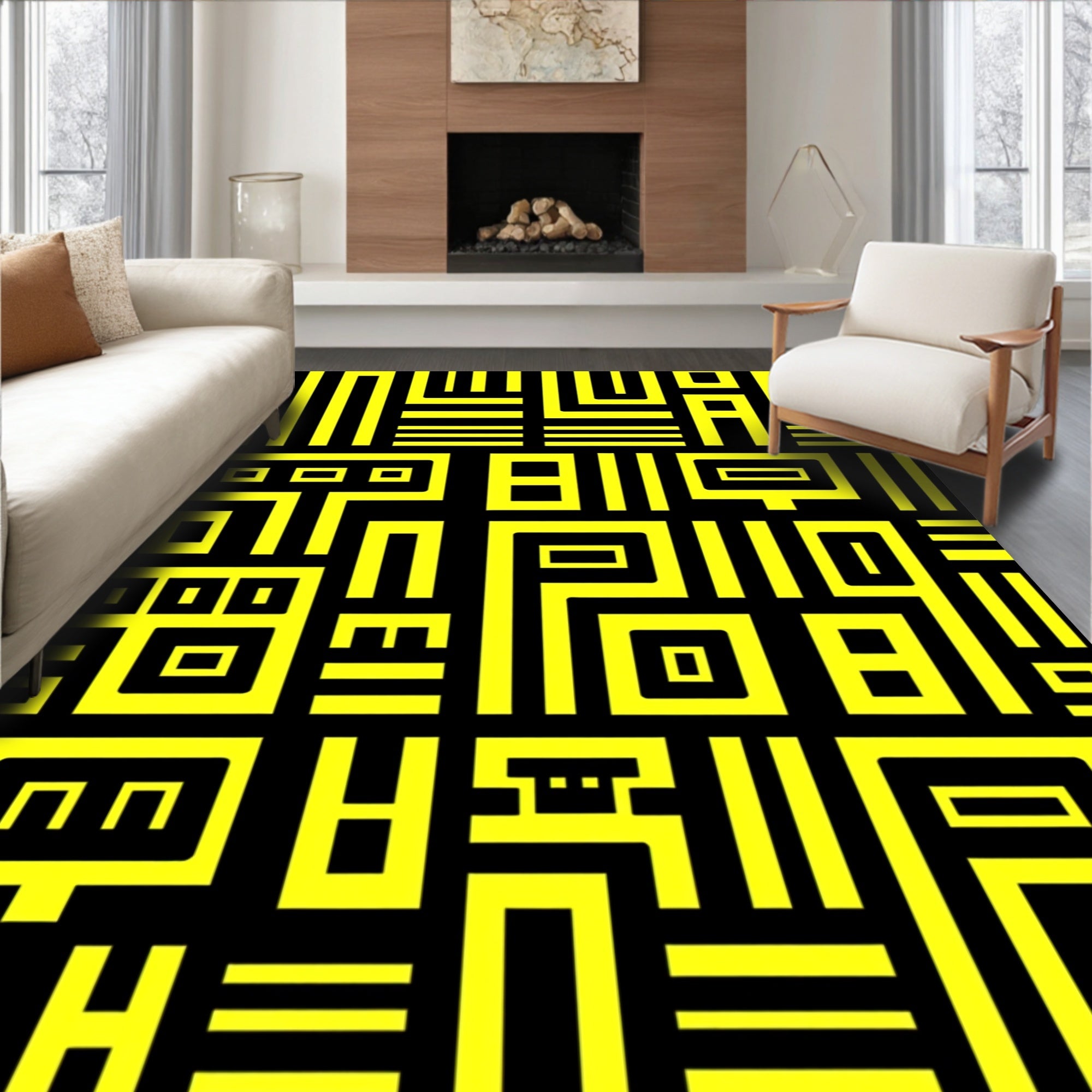 Bold Yellow Black Geometric Labyrinth Rug
