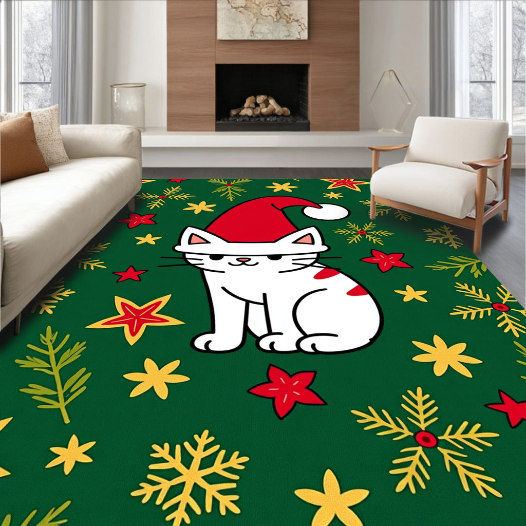 Holiday Cat Green Snowflake Star Accents Rug