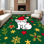 Holiday Cat Green Snowflake Star Accents Rug