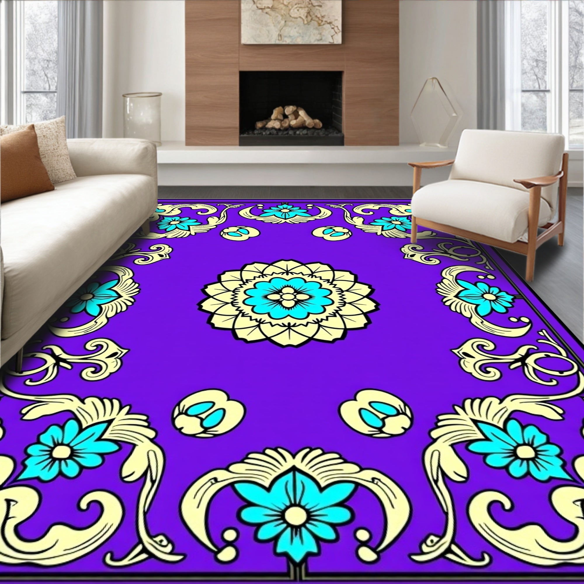 Vivid Purple Floral Medallion Area Rug