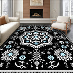 Black Blue White Floral Medallion Rug
