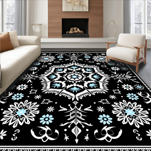 Black Blue White Floral Medallion Rug