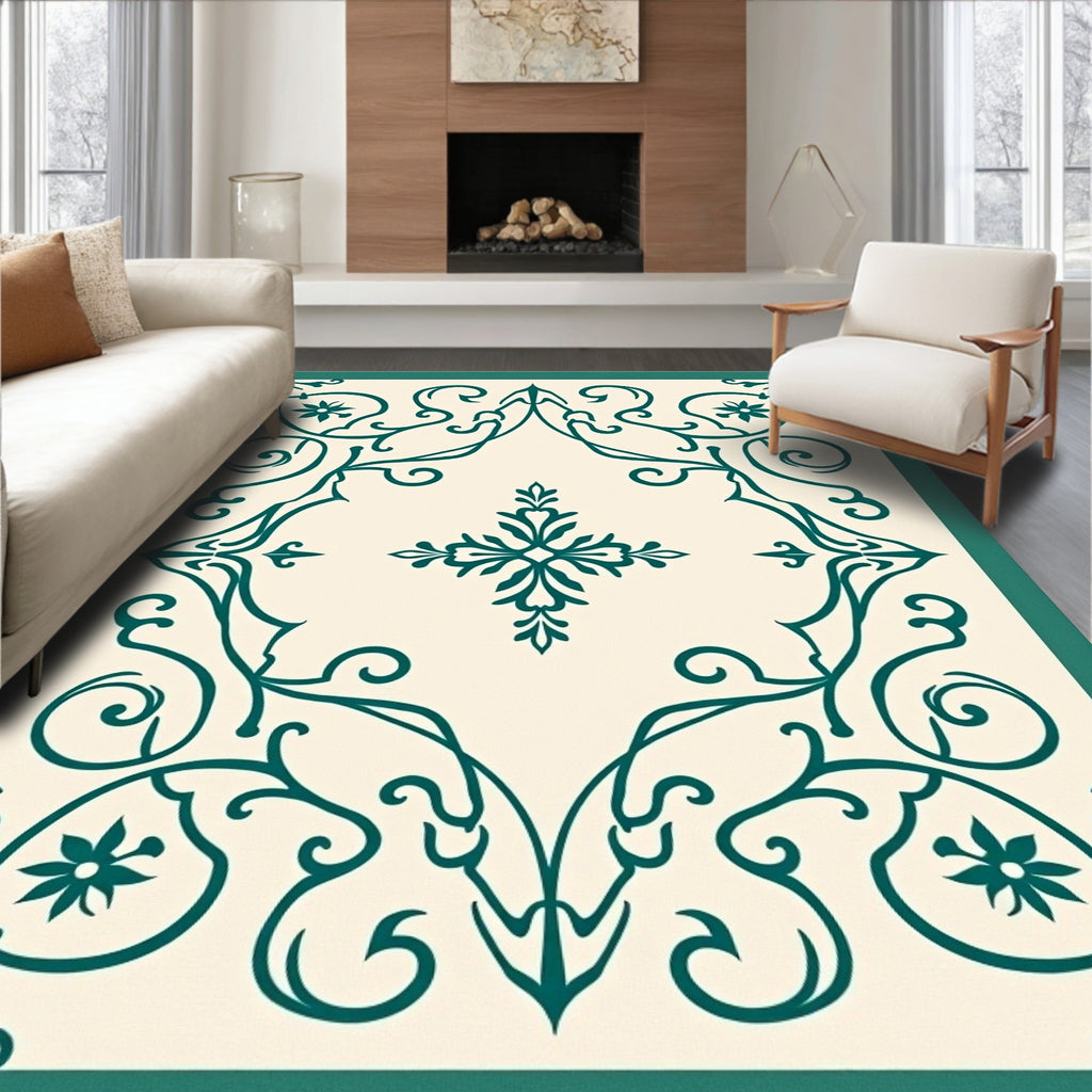 Emerald Green Floral Corner Scroll Rug