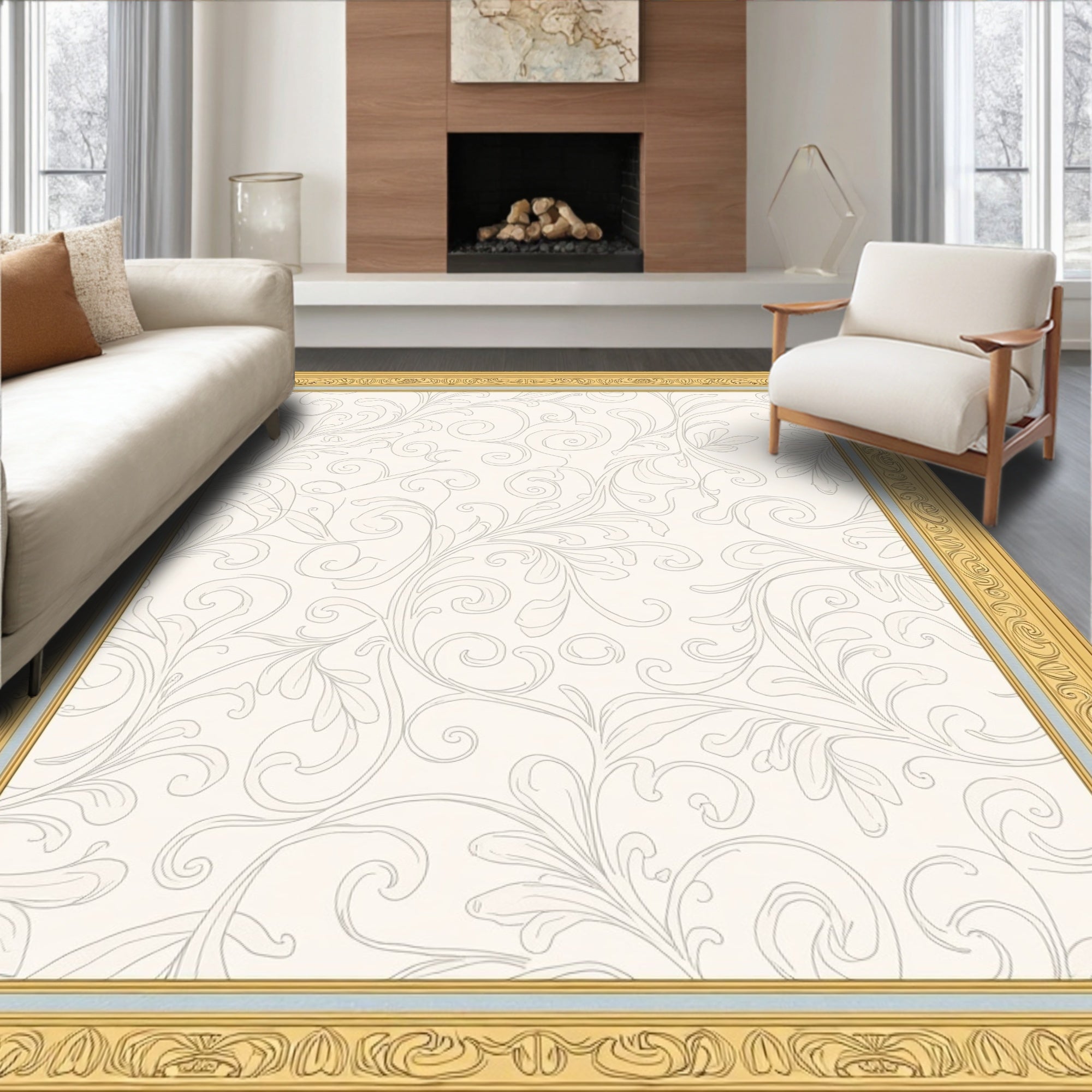 Cream Floral Scroll Ornamented Frame Rug