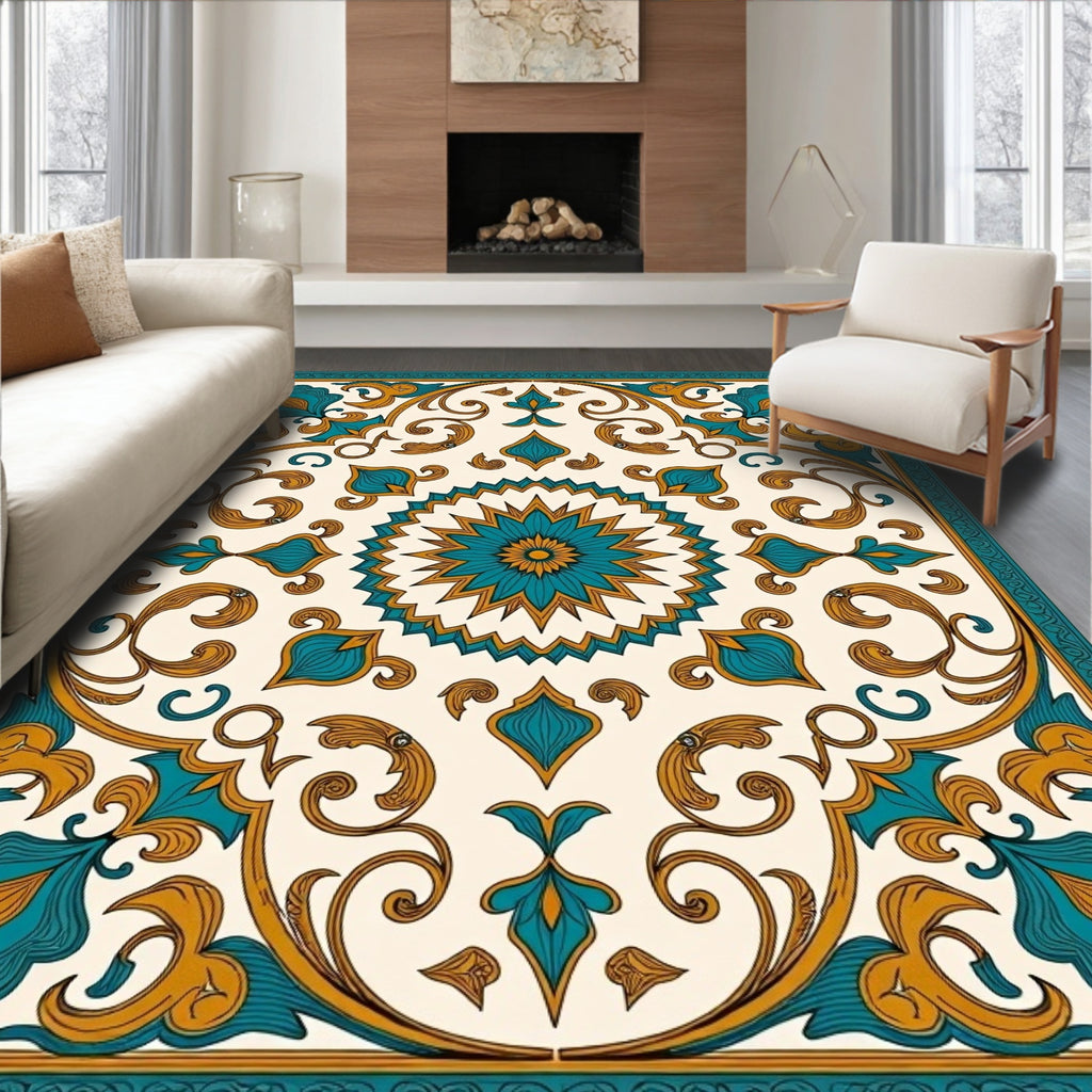 Teal Gold Arabesque Floral Square Rug