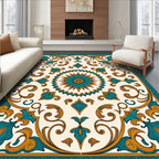 Teal Gold Arabesque Floral Square Rug