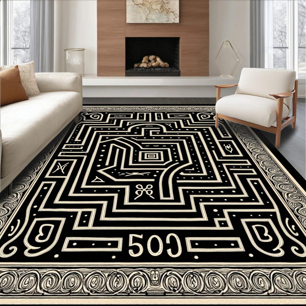 Black Cream Maze Line Art Rug