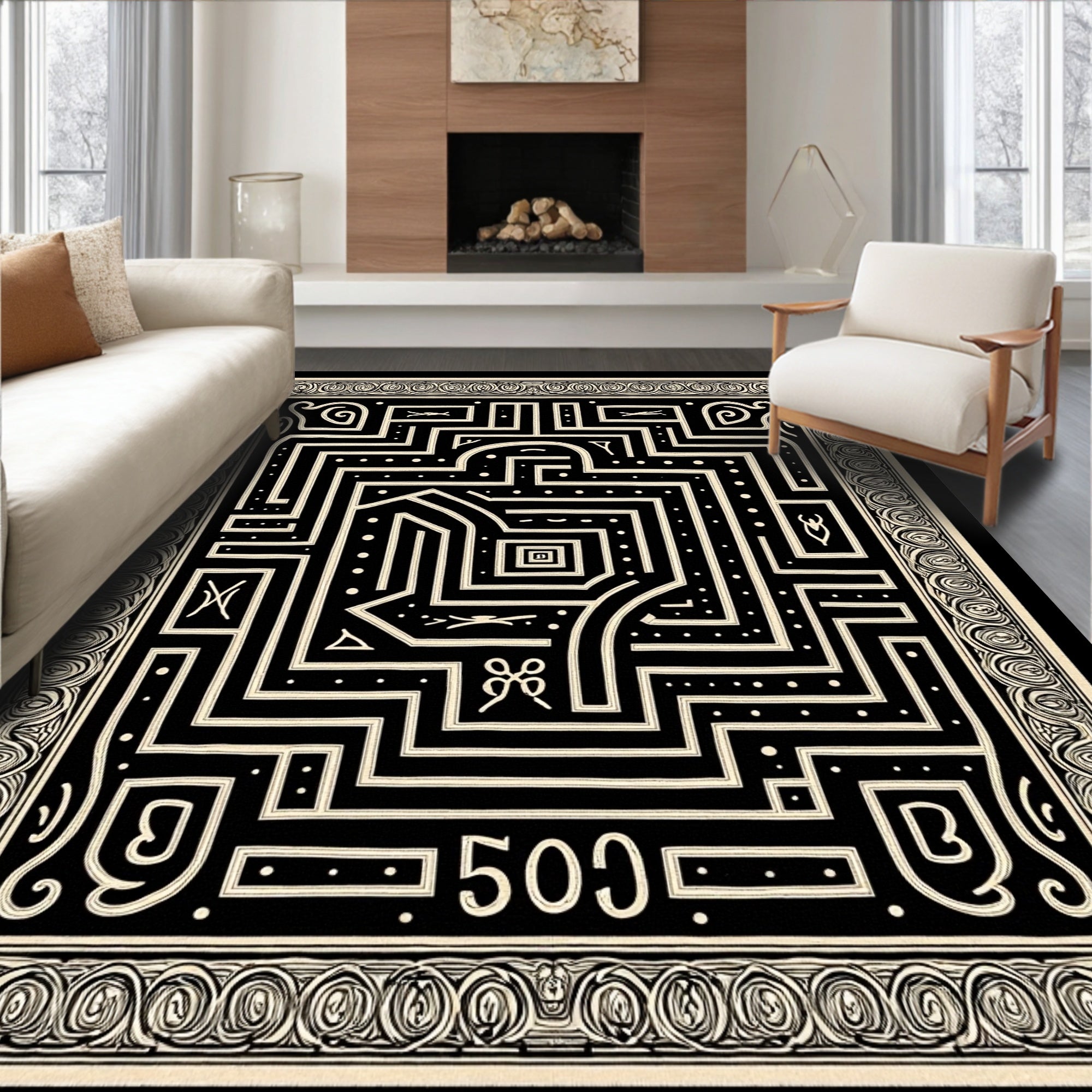 Black Cream Maze Line Art Rug