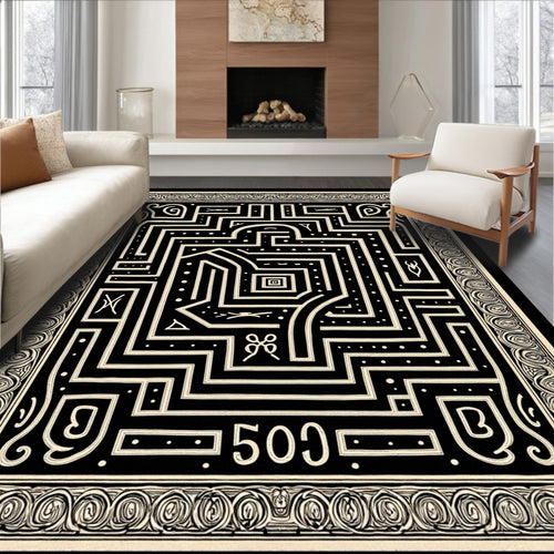 Black Cream Maze Line Art Rug