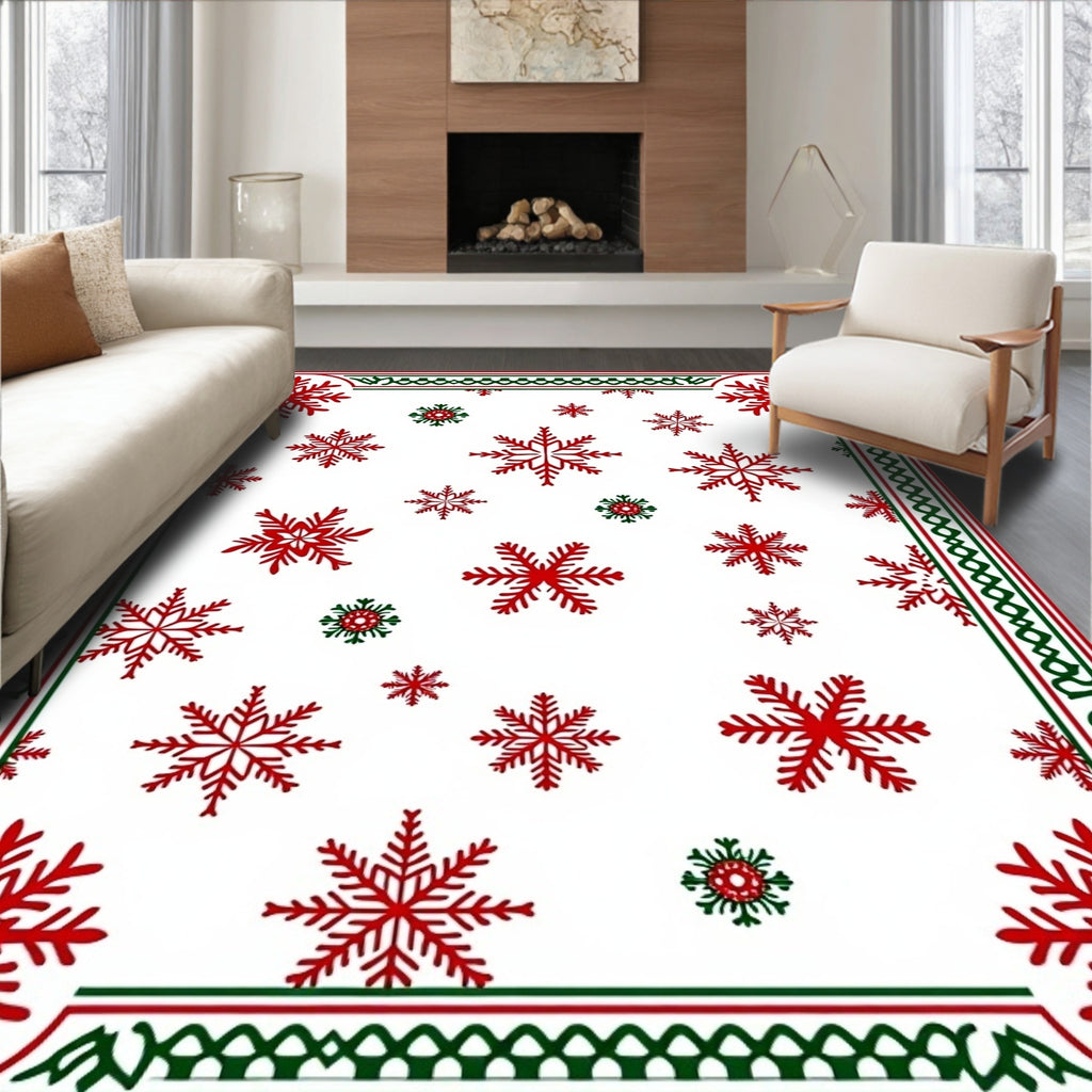 Red Green Snowflake Border Art Rug