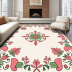 Coral Pink Green Floral Medallion Rug