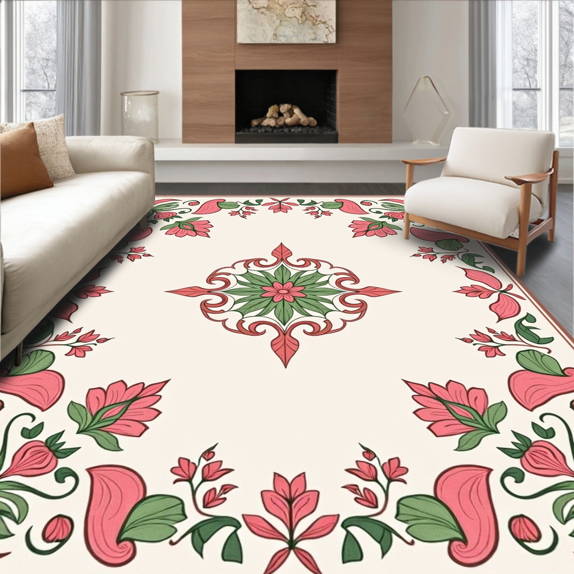 Coral Pink Green Floral Medallion Rug