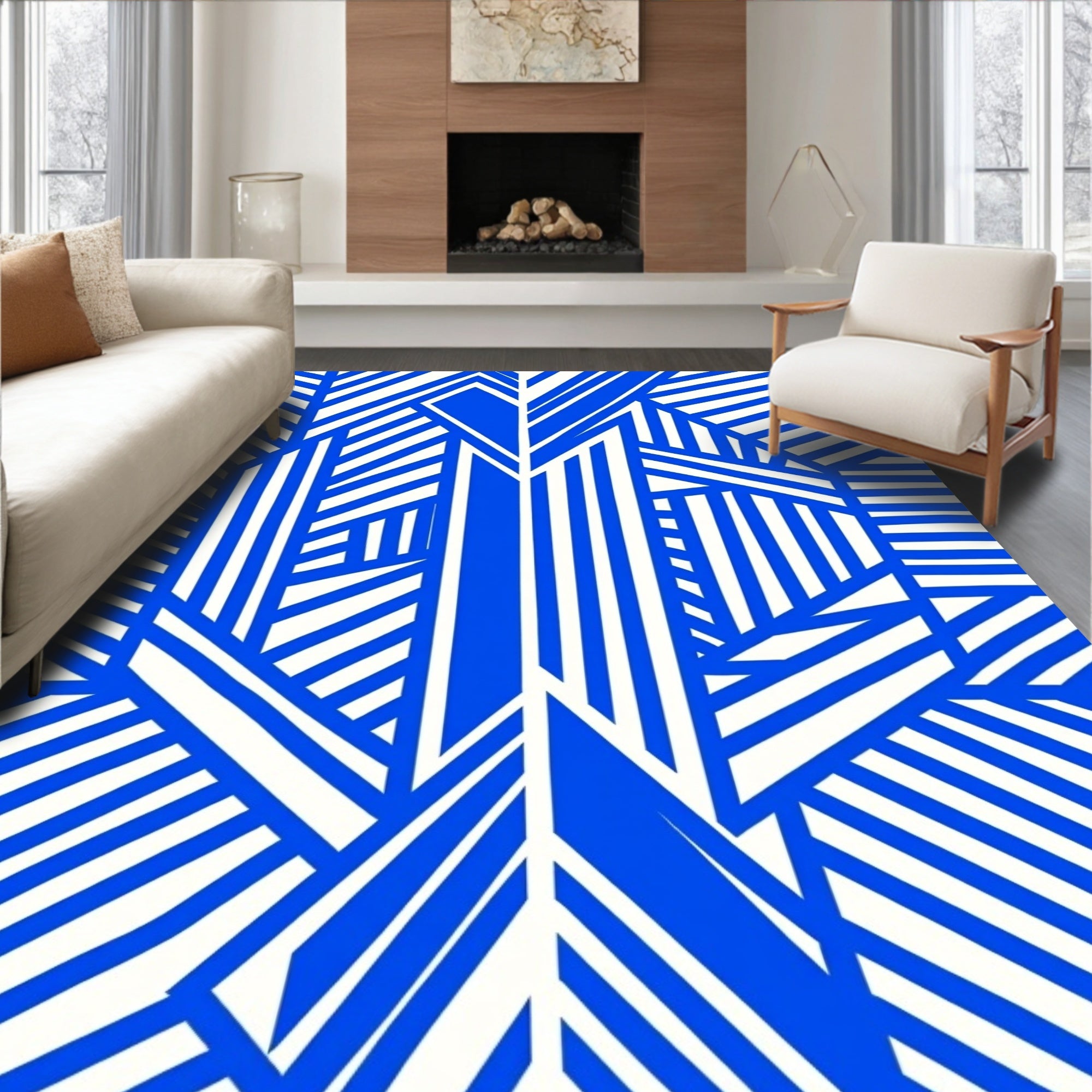 Modern Blue White Geometric Illusion Rug