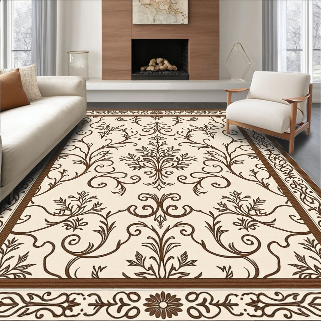 Brown Scrollwork Floral Filigree Frame Rug