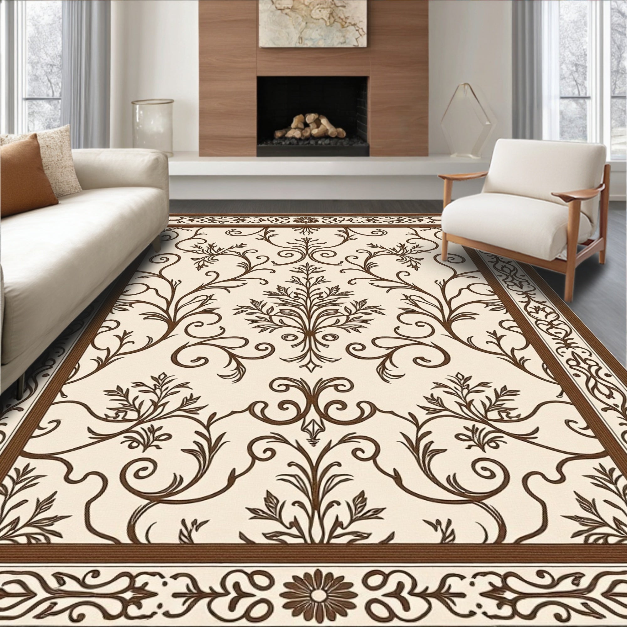 Brown Scrollwork Floral Filigree Frame Rug
