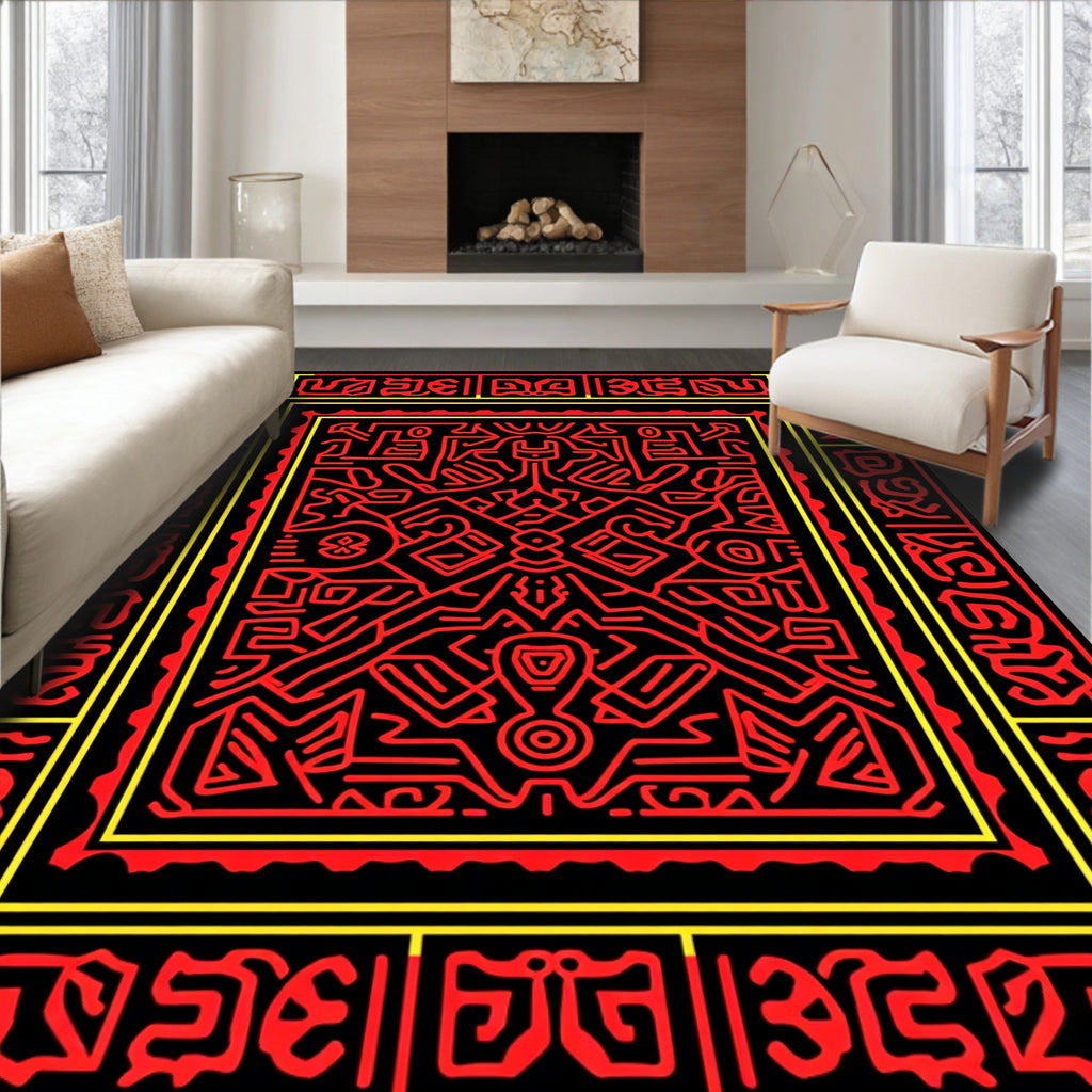 Bold Red Abstract Geometric Frame Rug