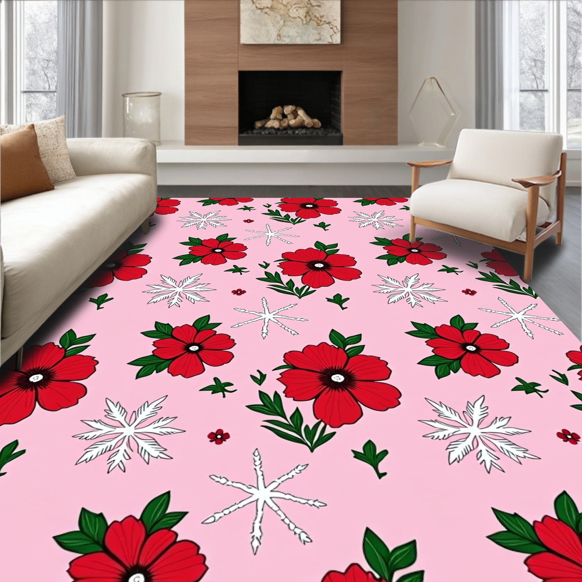 Red Poppy Snowflake Garden Rug