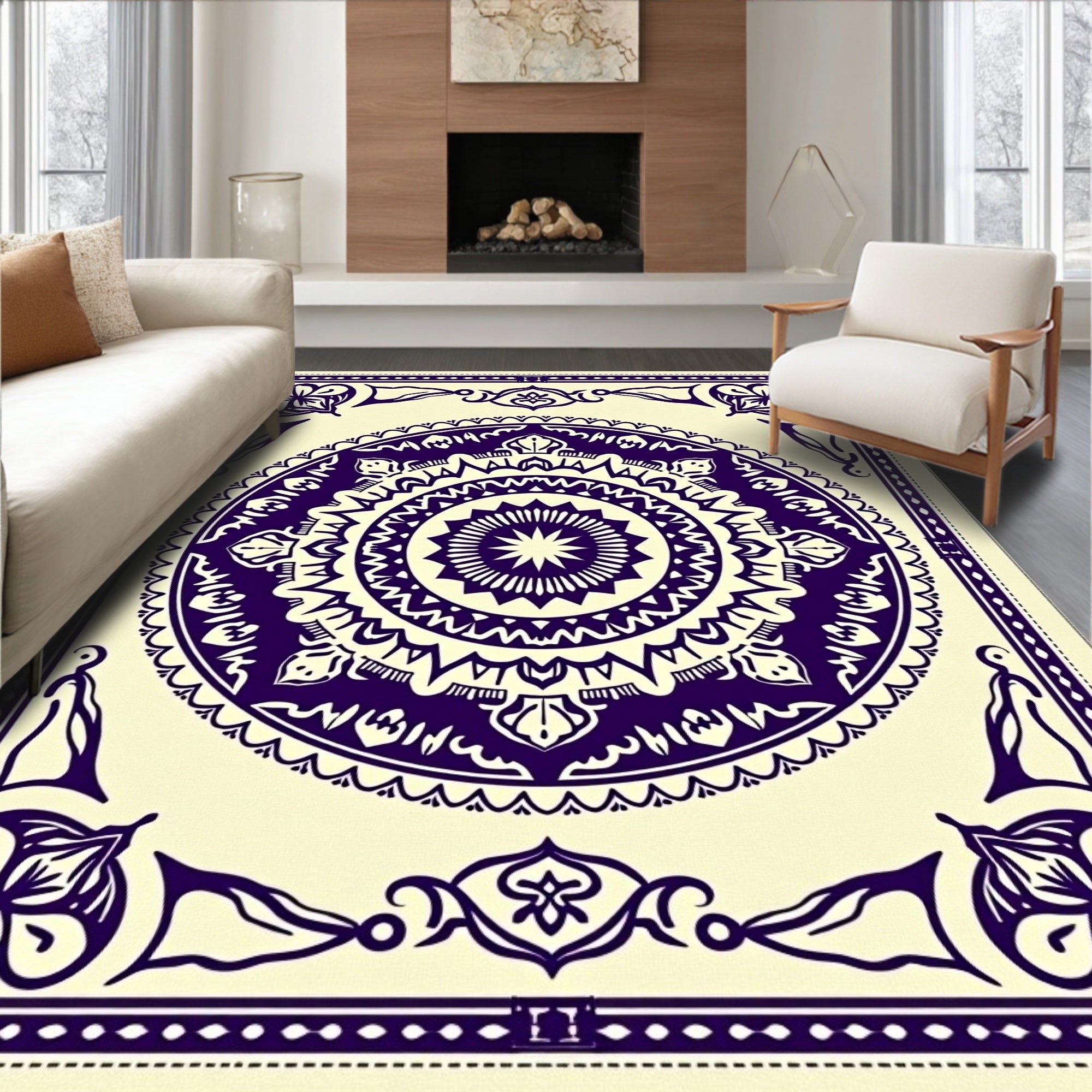 Deep Purple Mandala Medallion Cream Rug