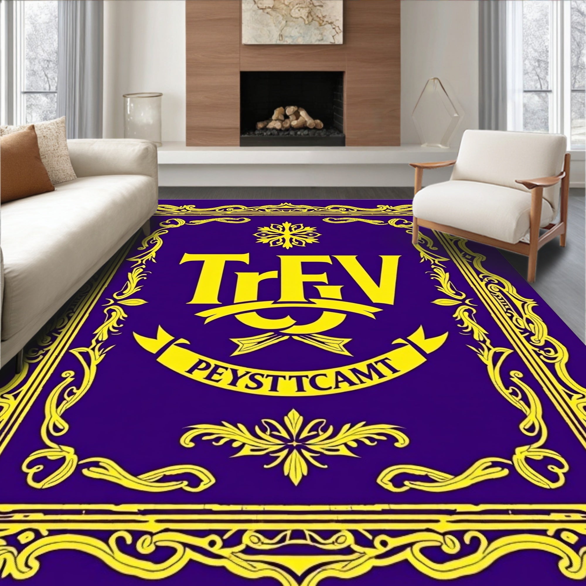 Ornate Yellow Bordered Royal Purple Rug