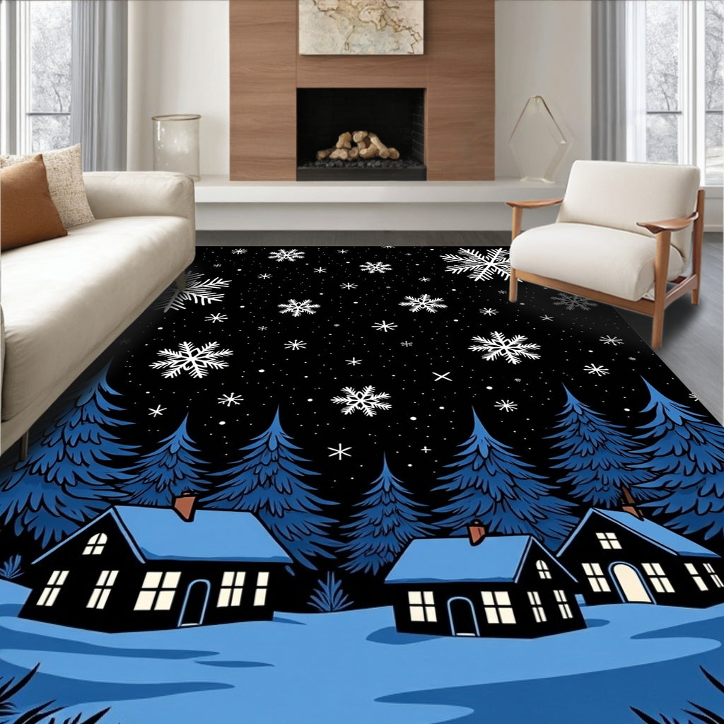 Winter Night Snowfall Village Rug