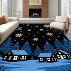 Winter Night Snowfall Village Rug